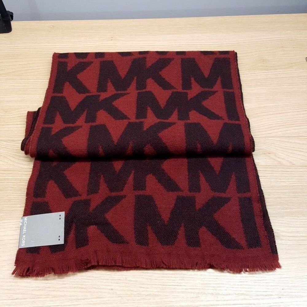 MICHAEL KORS Scarf Burgundy Giant Logo MK Monogram Frayed Hem Maroon 66x12